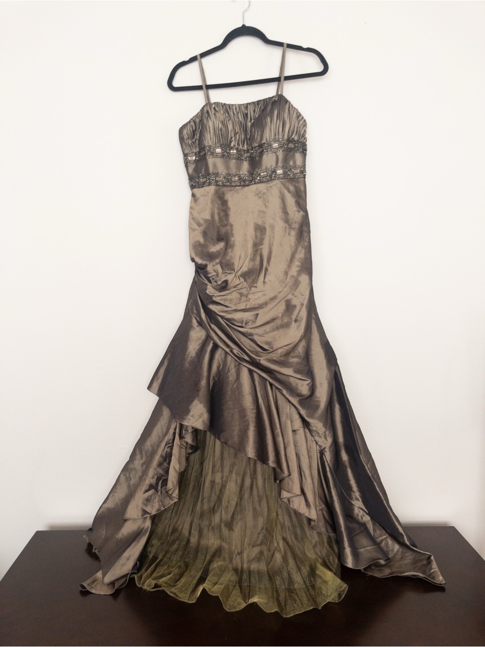 Vintage Y2K Evening Dress Gold/Olive Green High-Low with Embellished Waist